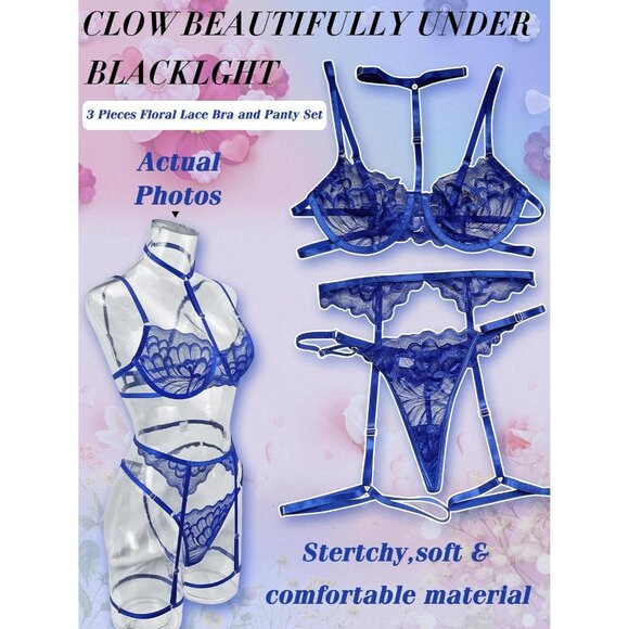 Women's Royal Blue Sexy Lingerie Set Push Up Lace Garter Belt Bra And Panty Set - Picture 4 of 5